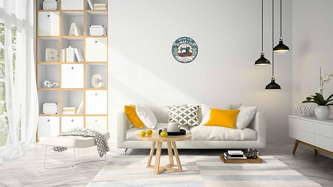 AWISZZZ Woman Cave Sewing Room Metal Sign 8x8in Round Vintage Plaque for Craft Space Wall Decor Seamstress Gift