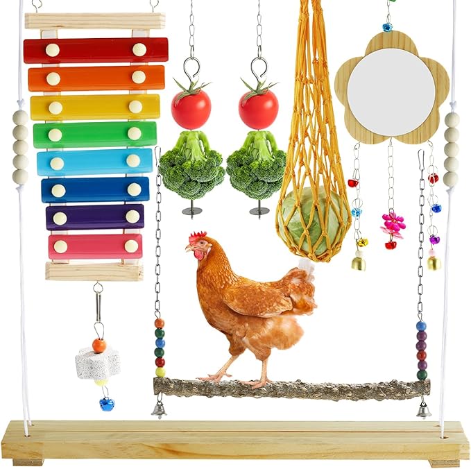 8pcs Chicken Toys Set Chicken Toys for Coop Accessries Chicken Swing Chicken Xylophone Mirror, Vegetable Hanging Feeder for hens Chick