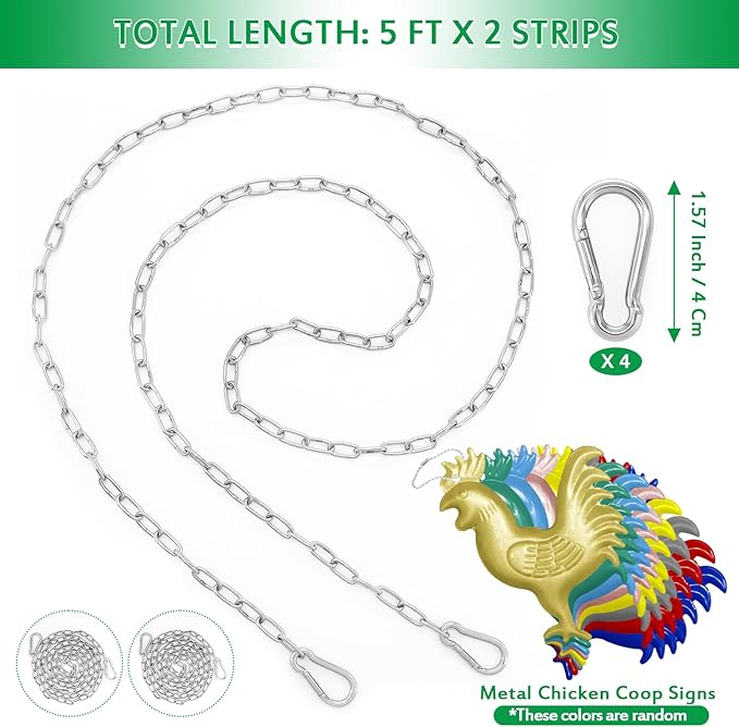 2 Pack 5 Ft Hanging Chain with 4 Chain Hooks 8 Chicken Coop Signs for Chicken Feeders, Stainless Steel Metal Small Chain For Chiken Bird Coop Accessories Feeders Waterer Plant Hooks Hold Up 13 Lbs