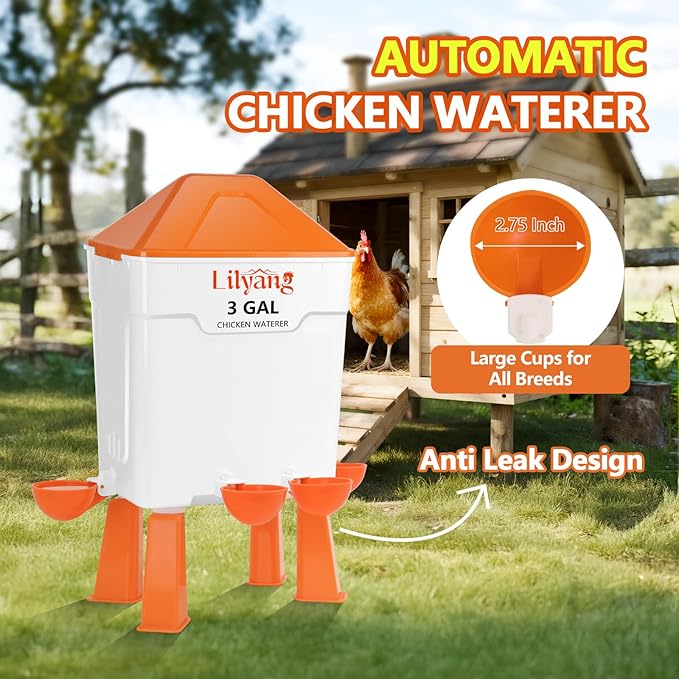 Lilyang Automatic Chicken Waterer 3 Gallon | Float-Control Auto Waterer, Hanging/Standing Design, Connect to 3/4'' Faucet & Hose, Effortless Hydration Solution for Backyard Coop & Small Farm