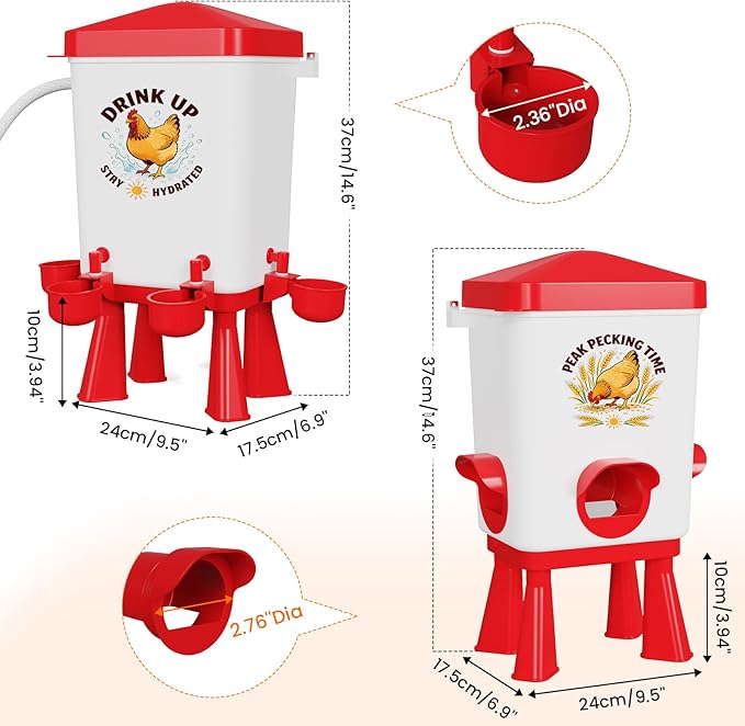 3 Gallon Chicken Feeder and Waterer Set, Large Chick Water with Automatic Float Valve, No Waste Poultry Feeding and Watering System, 4 Cups & 3 Ports, Chicken Coop Accessories for Pigeons/Quail (Red)