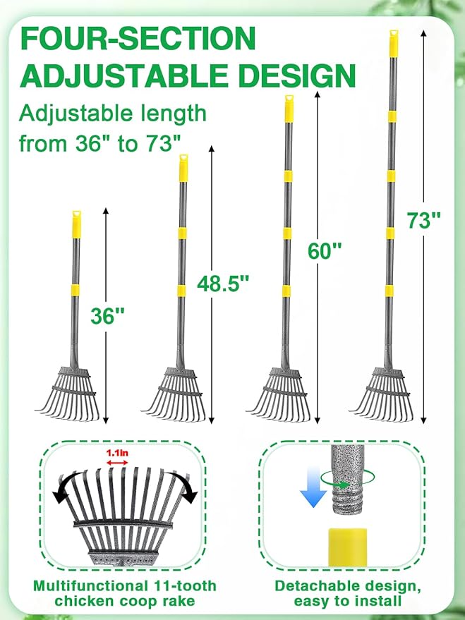 Extra Long Chicken Poop Scooper & Rake - Save-Effort 36''-76'' Long Metal 10'' Wide Scooper & 11 Tooth Rake, Chicken Coop Accessories for Efficient Cleaning
