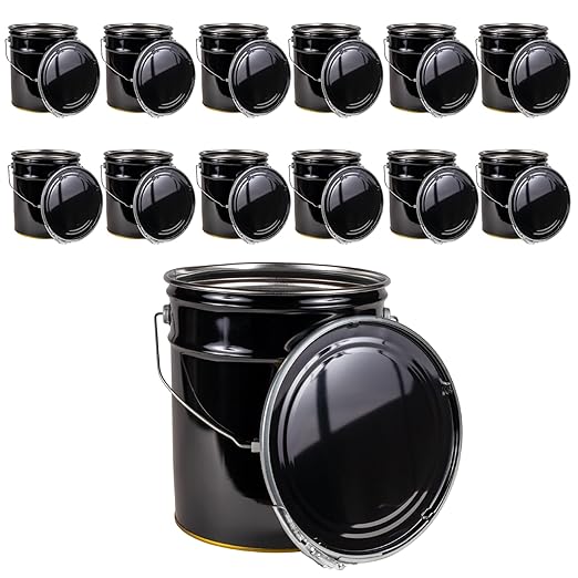 ATERET 5 Gallon Black Metal Bucket & Lever Lock Pail Lid, Heavy Duty Durable Pails and Lids for Outdoor and Household Use (12 Pack)
