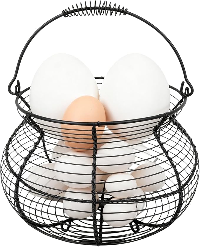 Wire Egg Gathering Basket - Farmhouse Metal Storage Holder, Vintage Chicken Coop Carrier with Wooden Handle Grip | Fresh Eggs Gatheringg Baskett for Kitchen Pantry Decor
