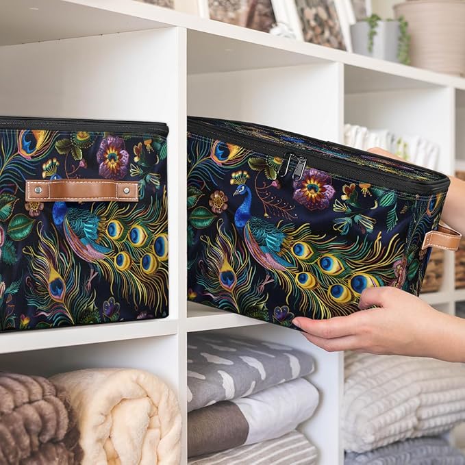 Peacock Animal Bird Feathers Storage Bins With Lids Fabric Collapsible Storage Box with Leather Handles for Home Bedroom Foldable Closet Shelf Organizer