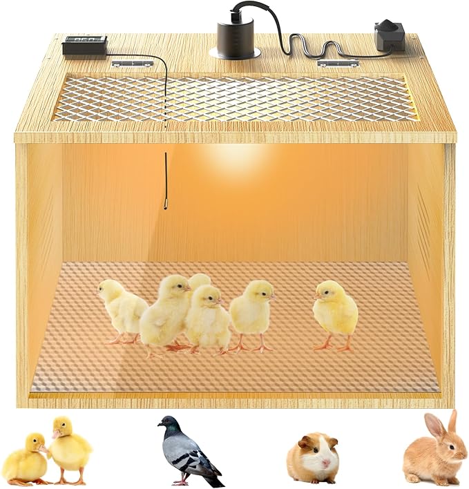 Brooder Box for Chicks, 16 Inch Wooden Chicken Brooder Box with 75W Heat Lamps, Thermometer and Tin Foil, Poultry Breeding Kit, Ideal for 5-7 Newborn Chicks Ducks Quails Hamsters, Small
