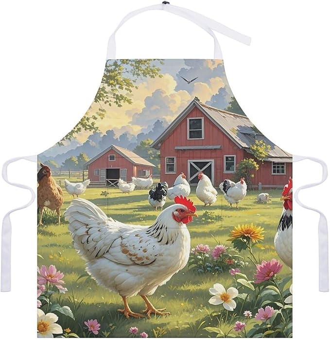 Chickens And Farm Chef Apron for Men Women with 2 Pockets Water & Oil Resistant Bib Aprons Adjustable Neck Strap & Long Ties Work Apron for Cooking Grilling Serving Crafts Gardening