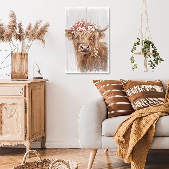 Highland Cow Canvas Farmhouse Decor: Funny Cow Wall Art with Flowers Staring at You Rustic Farm Wood Planks Unique Cattle Posters for Bathroom Framed Size 16"x24"