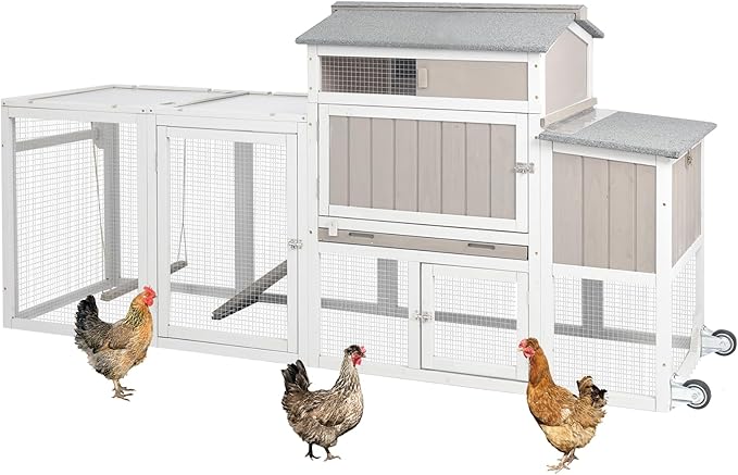 Chicken Coop Mobile Wooden Hen House with Nesting Box,83.2" L Outdoor Chicken House with 2 Wheels and Removable Tray,Fir Wood Chicken Tractor with 6 Ventilation Door and 1 Ramp,Grey