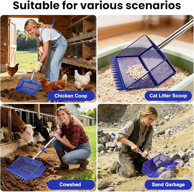 2026 Latest 12inch 2-in-1 Chicken Poop Scooper & Rake with Handle, Heavy-Duty Metal Chicken Coop Scoop for Sand Sifting Shovel Litter Scooper for Farm House Chicken Coop Cleaning Tools Accessories