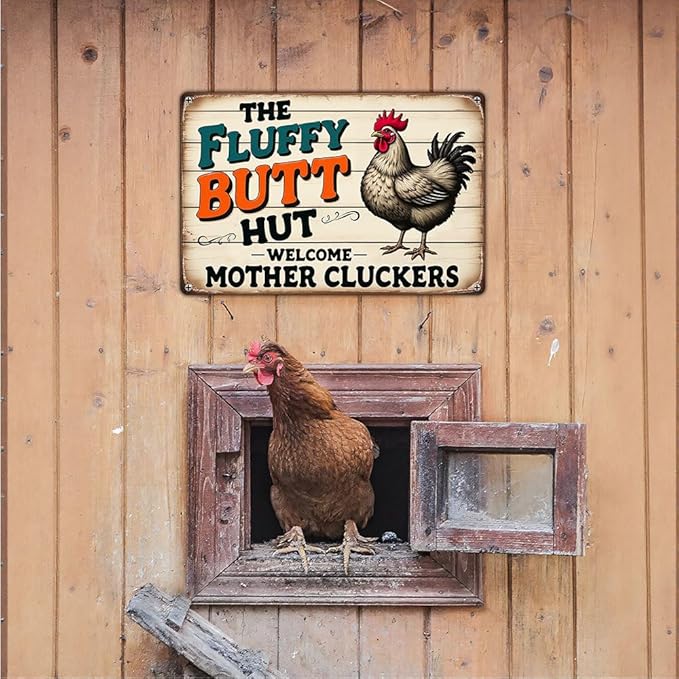 FunnySign Chicken Gifts Rooster Décor The Fluffy Butt Hut Rustic Tin Sign For Home Farm Chicken Coop Decor 8x12 Inch (9701)