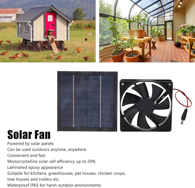 Solar Powered Fan, Water Proof High Conversion Rate Mini Solar Fan, Solar Powered Chicken Coop Fan for Greenhouse, Shed, Garage, Attic, Barn, Workshop