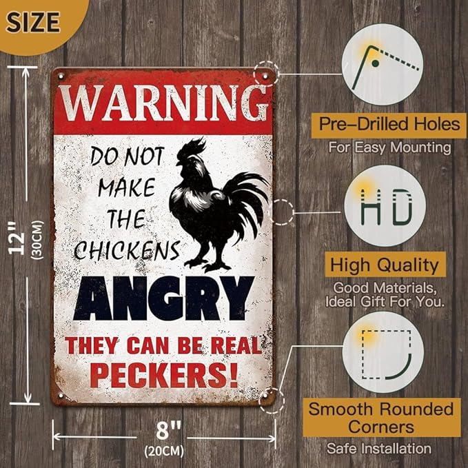 YOYI ART Funny Metal Warning Chicken Signs for Coop - Vintage Tin Sign for Chicken Coop, Outdoor, Kitchen, Farmhouse Wall Decor Art Accessories, Chicken Gifts for Women, 8 x 12 inch