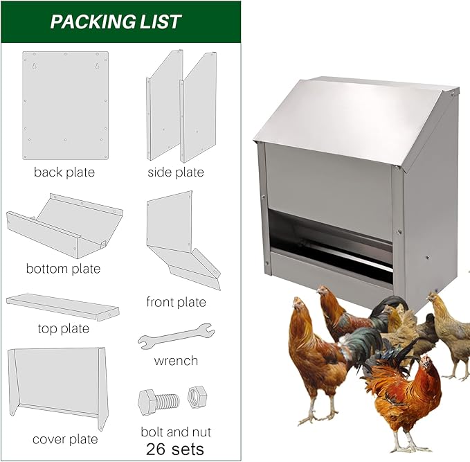 Galvanized Steel Chicken Feeders No Waste Poultry Feeder Rainproof Hanging Poultry Feeder Trough with Lid Holds 25lbs of Feed, No Assembly Required