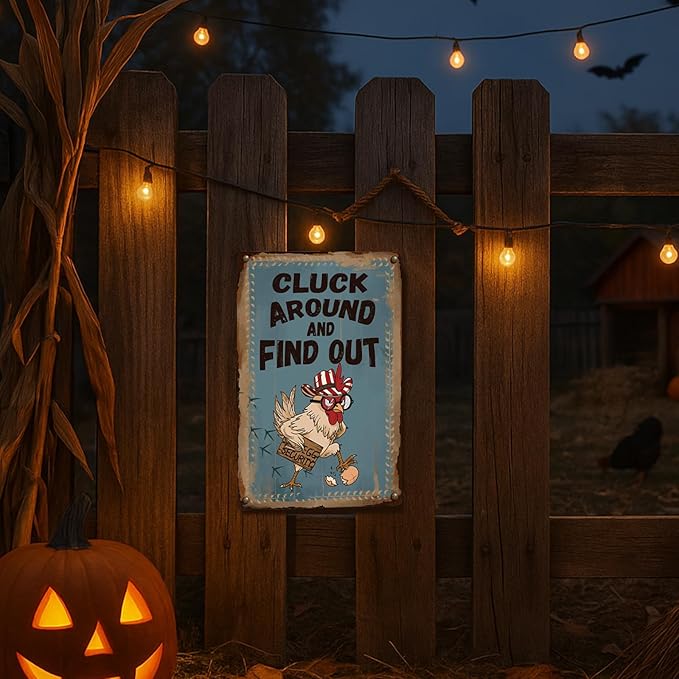 Funny Gift for Chicken Lovers – Retro Chicken Coop Sign with Sassy Hen Artwork, Metal Tin Sign for Outside Fence, Farm Gate or Indoor Wall Decor, Perfect Christmas Decoration, 8" x 12“