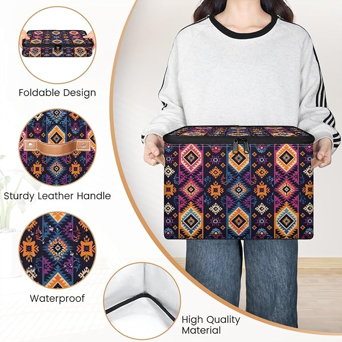 Boho Bohemia Style Storage Bins with Zipper Lid Fabric Storage Containers for Clothes Collapsible Closet Storage Basket with Metal Frame 2 Pack