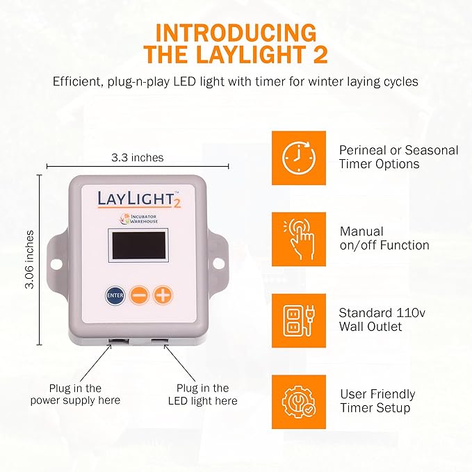 Incubator Warehouse AutoCoop LayLight2 with Smart Timer - Automatic Chicken Coop LED Daylight Extender - Chicken Coop Light with Programmable Settings for Boosting Chicken Egg Production