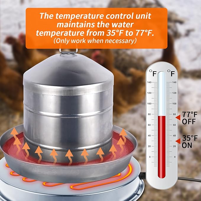 Chicken Water Heater for Winter, 110Watt Thermostat Heated Poultry Waterer Base with 9.8ft Power Cord，Suitable for Poultry Waterer (Silver, 11INCH-2PACK)