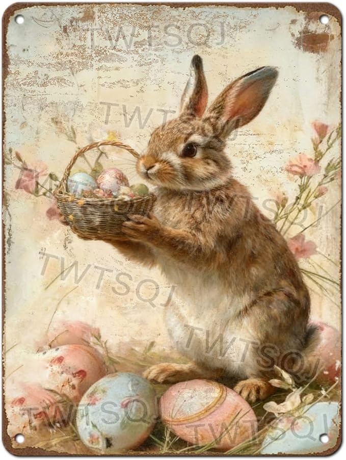 Cute Bunny Metal Sign Vintage Easter Design Rustic Farmhouse Decor Suitable For Home Garden Bar Cafe Outdoor 12X16Inch