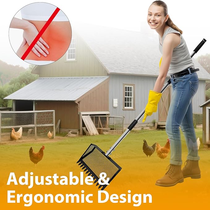 2 in 1 Chicken Poop Scooper & Rake, Chicken coop Scoop for Poop Sand with 22'' to 62" Adjustable Long Handle, Stainless Steel Sifting Shovel for Chicken Coops & Animals House