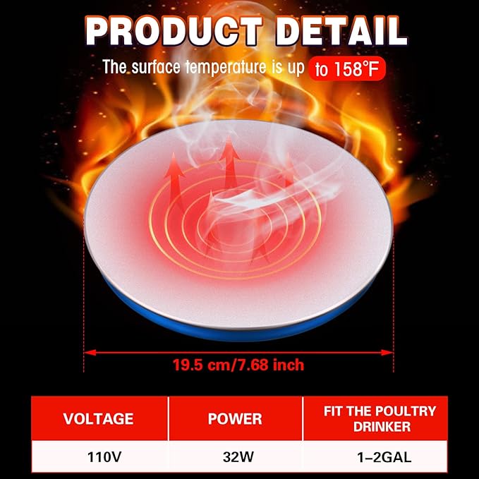 Heated Chicken Waterer Poultry Water Heater Warmer Base Heated 110v Chicken Water Heater Electric for Winter Deicer Poultry Founts Coop Accessories with 59 Inch Cord(Small, 32W)