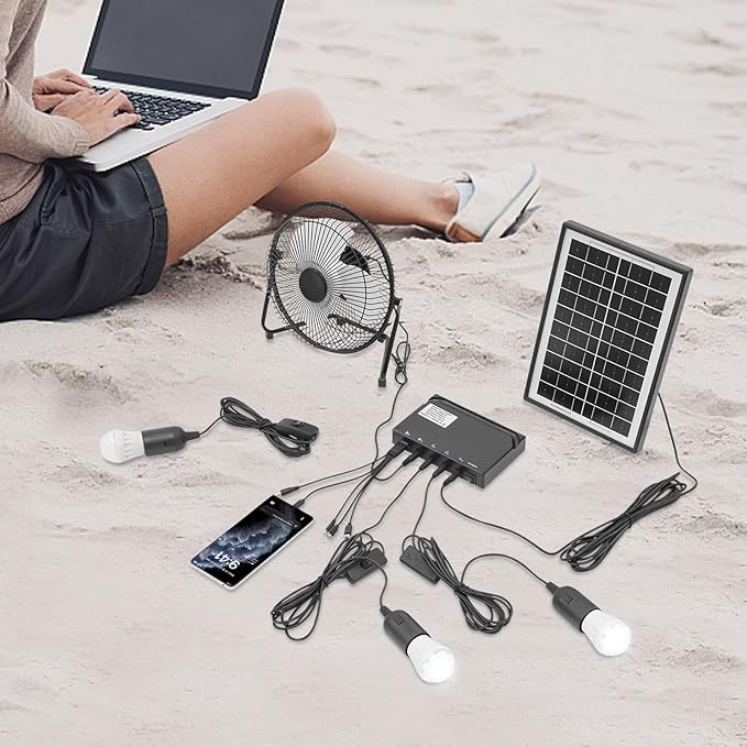 Solar Powered Fan with 3 Bulbs, Solar Powered Fan for Chicken Coop, Sheds, Pet Houses and Window Sill Ventilation, 5-in-1 Cables Included, Supports charging of mobile phones and digital cameras