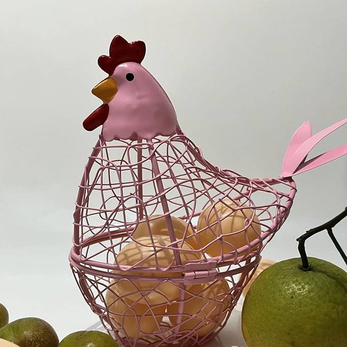 Wire Chicken Egg Basket for Desktop Decorative Ornaments,Egg Holder Chicken Shape Metal Egg Basket for Kids Gathering Fresh Eggs Farmhouse Rooster Wire Basket for Kitchen Countertop Decoration (Pink)