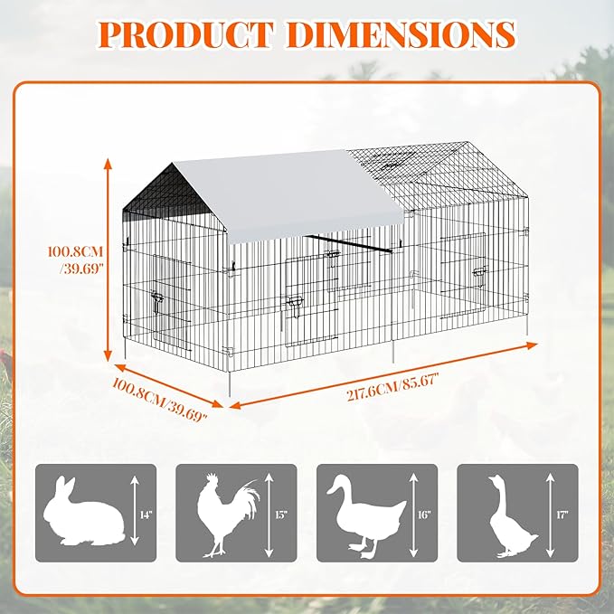 Garvee Metal Chicken Coop with Waterproof & Anti-UV Cover, Portable Chicken Run for Yard, Poultry Cage Hen House for Backyard Farm Use, 86 in L x 40 in W x 40 in H