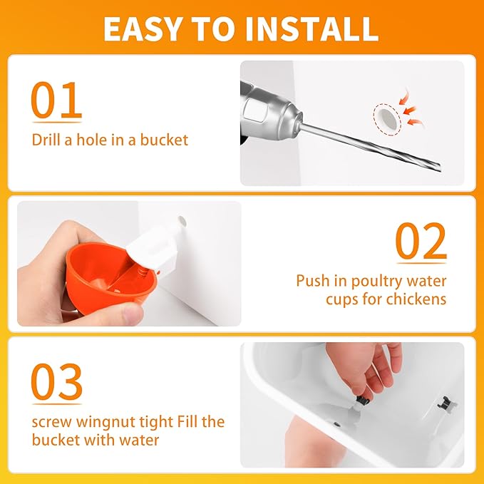 Chicken Water Cups 12 Pack, Automatic Filling Waterer Feeder Bowl, Gravity Poultry Watering System, Chicken Water Dispenser, Chicken Coop Accessories for Hens, Duck, Goose, Turkey (Orange)
