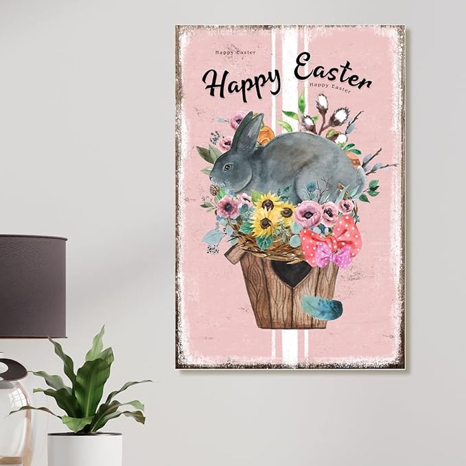Wood Art Plaque Happy Easter Flower Basket Bunny Sign French Style Floral Pink Stripes Wood Home Sign Plaques Bunny Rabbit Happy Easter Wood Wall Art Sign for Bedroom 12x18in