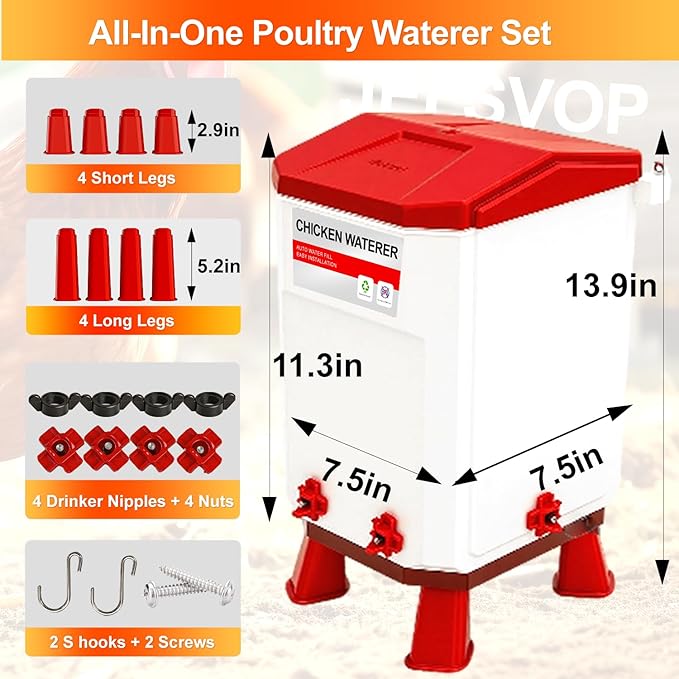 Chicken Waterer Nipples, Chicken Water Bucket with 4 Nipple Drinkers, Automatic Chicken Waterer, Standing or Hanging Use, Automatic Poultry Drinker for Coop (Red, 2 Gallon)