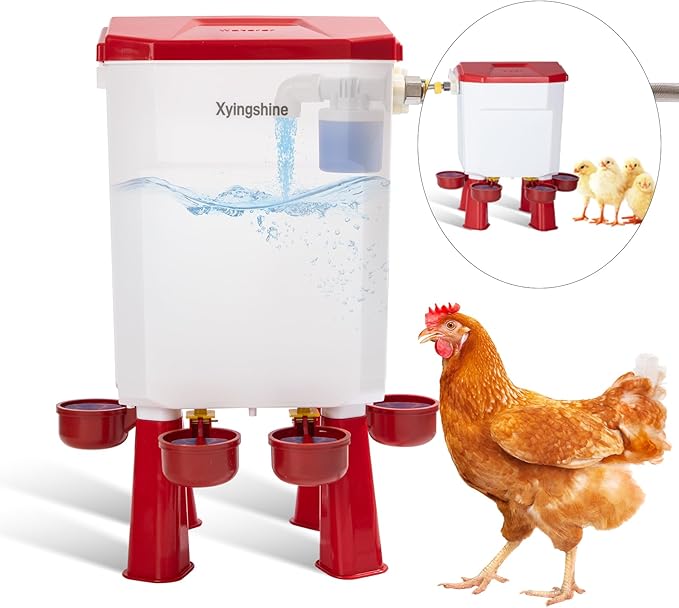 Float Automatic Chicken Drinker for Continuous Fresh Water, Standalone Chicken Drinker with 60 Inch Water Hose, Cleaning Tools,Suitable for Quail,Duck,Turkey and Other Poultry(2 Gallons, Red)