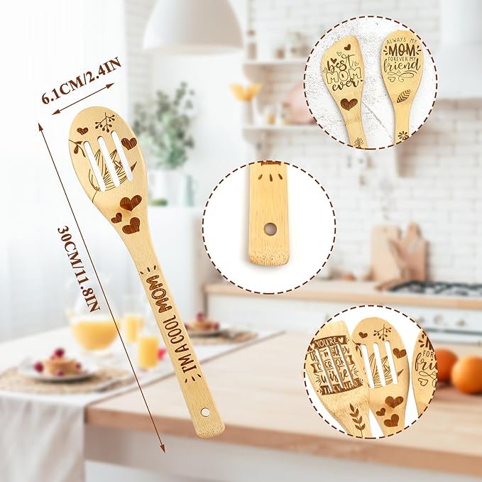 Wooden Birthday Gifts for Mom - Cooking Spoon,Mom Gifts from Daughters I Love You Mom,Engraved Bamboo Kitchen Cooking Utensils Set Gifts, Gift for Mom from Daughter, Son, Mothers Day for Mom