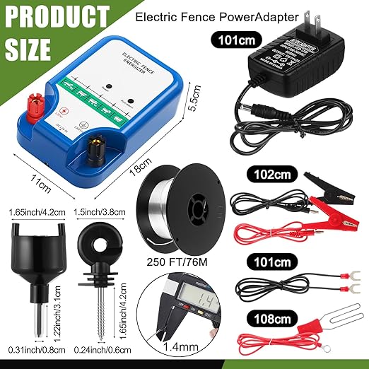 Electric Fence Kit, 8 Mile 12kV 2J Electric Fence Charger AC/DC Powered with 50 Insulators, Socket Tool, 250ft Aluminum Wire for Livestock Control, Predators Deterrent(Classic Ver.,Blue)