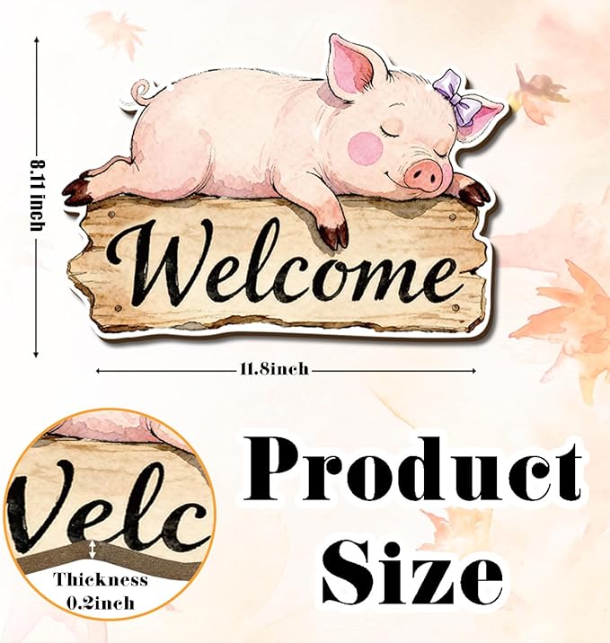 Farmhouse Wall Decor, Cute Pig Welcome Sign, Rustic Wood Hanging Plaque, Watercolor Farm Animal Wall Art Painting Style, Country Nursery or Bathroom Door Sign for Home, 11.8x8.11 Inches