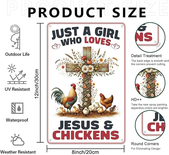 Funnysign Chicken Gifts for Women Girls Vintage Just A Girl Who Loves Jesus&Chickens Tin Sign for Chicken Coop Farm Kitchen Garden Yard Decor 8x12 inch (3908)