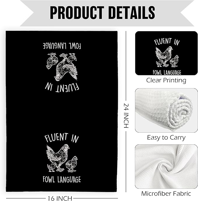 Funny Chicken Kitchen Dish Towels 16x24 Inch, Black Crazy Chicken Gifts for Chicken Lover Chicken Mom, Fluent in Fowl Language Decorative Hand Towels Tea Towels for Farmhouse Home