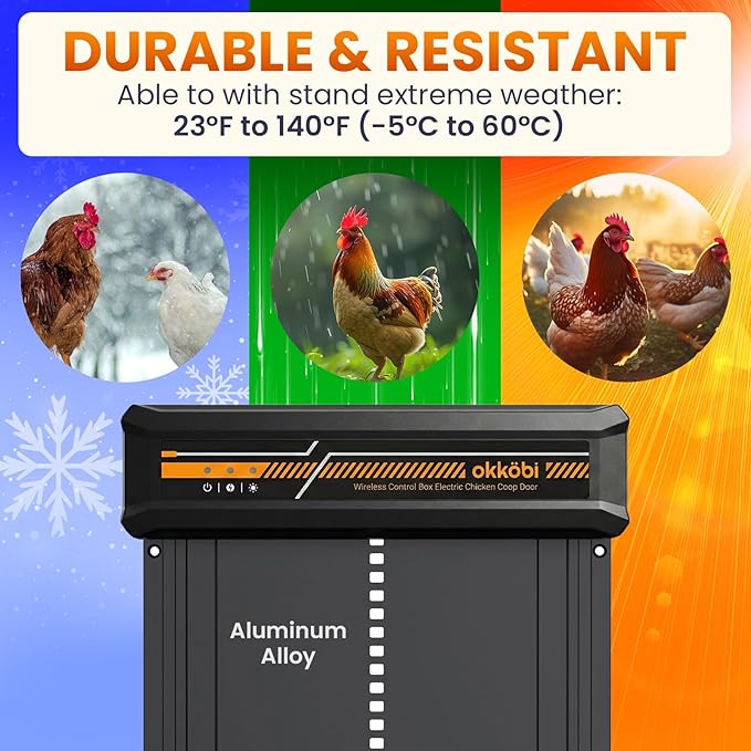 Wireless Automatic Chicken Coop Door – Solar Powered – LCD Display, Timer & Light Sensor – Anti-Pinch, All-Weather Aluminum – 5-Year Protection - Okköbi