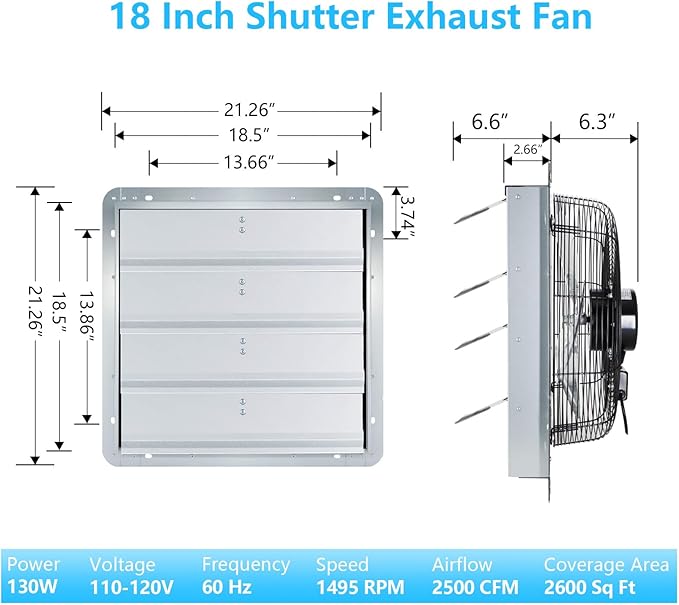 18 inch Shutter Exhaust Fan with Speed & Thermostat Control, 2600 SQ. Ft Coverage Area, 2500 CFM, Upgrade Powerful Wall Mount Attic Vent Fan for Greenhouse, Garage, Chicken Coops Ventilation Fans