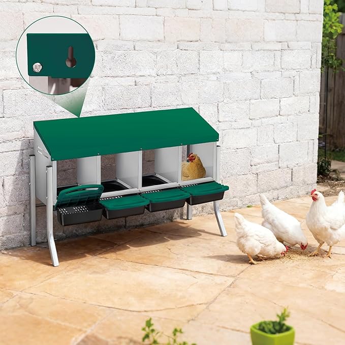 4-Hole Chicken Nesting Box, Roll Away Nest with Removable Tray, Easy Egg Collection & Cleaning, Wall-Mount Nesting Boxes for Hens, Chicken Coop - Green