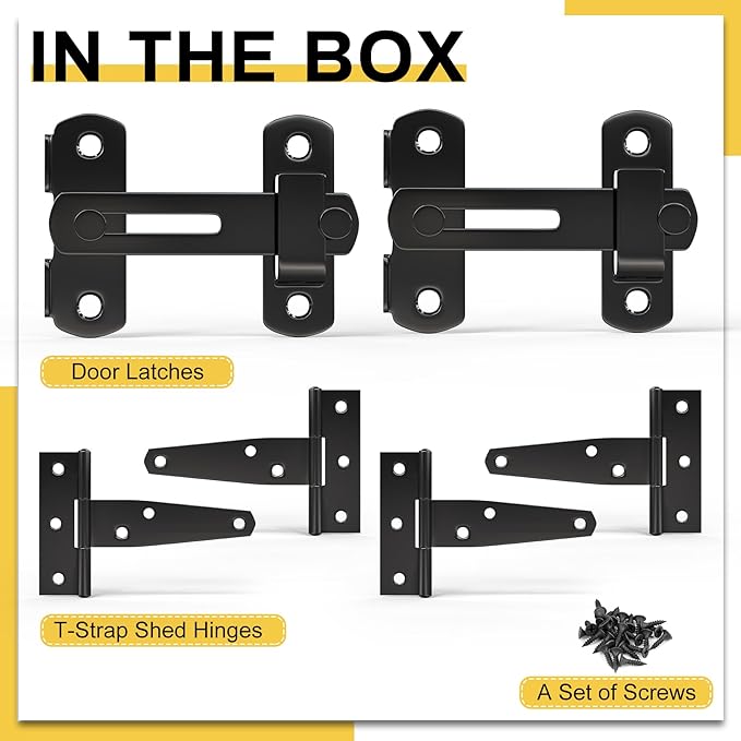 Chicken Coop Gate Hardware Kit,3 inch T-Strap Shed Hinges and 4 inch Door Latches,Heavy Duty Gate Hinge and Latch Sets for Chicken Coop Accessories Replacement,Door Repair and DIY