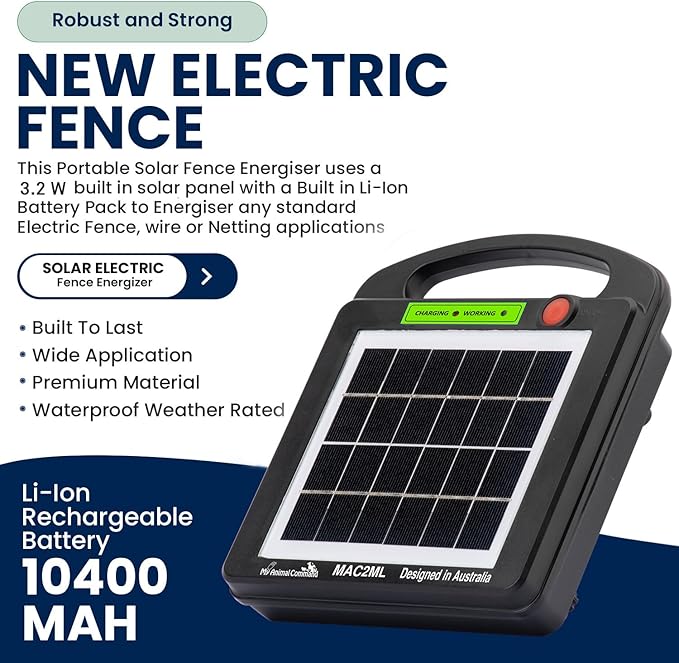 Solar Powered Electric Fence Charger 0.2 Joules Adjustable Voltage (6-9KV) with Lithium Battery Energizer Containment & Protection of Livestock Horses Cattle Sheep Pets Easy Install
