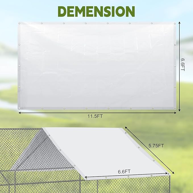 2 Pack Chicken Coop Cover Waterproof, 11.3 * 6.3 FT Chicken Run Cover Coop Tarp with 60 Ball Bungees Cords, Large Chicken Coop, Duck Coop Tarp Replacement,White