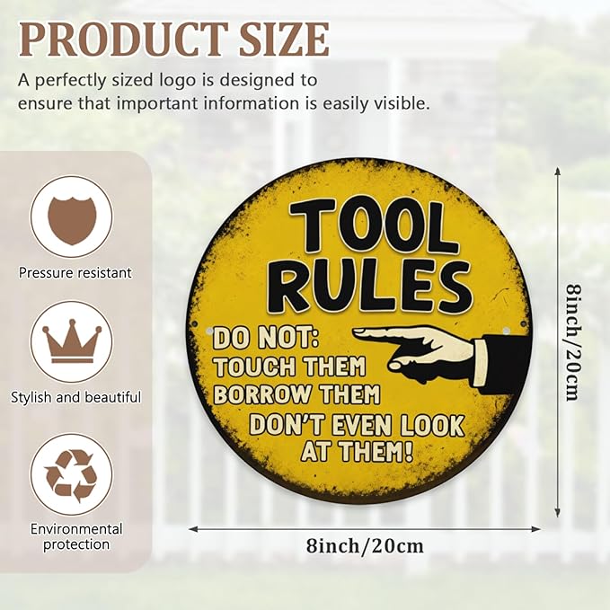 Vintage Metal Signage, 8 x 8 inches, Funny Tool Rules Round Metal Sign Don't Garage Decor for Man Cave Room Wall Decorative Home Tin Sign