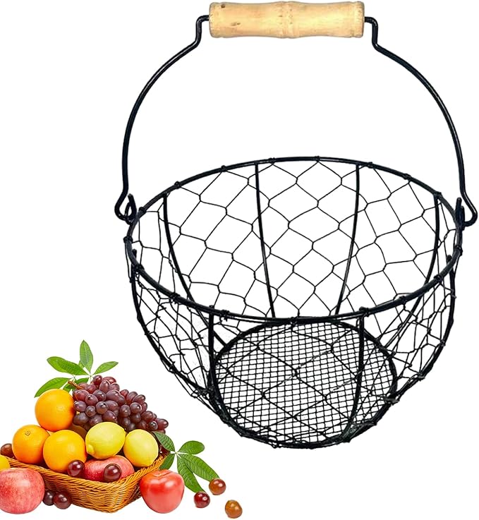 Metal Wire Egg Basket for Gathering Eggs, Vintage Egg Collecting Basket with Handle, Farmhouse Eggs Storage Container for Kitchen Pantry Organization