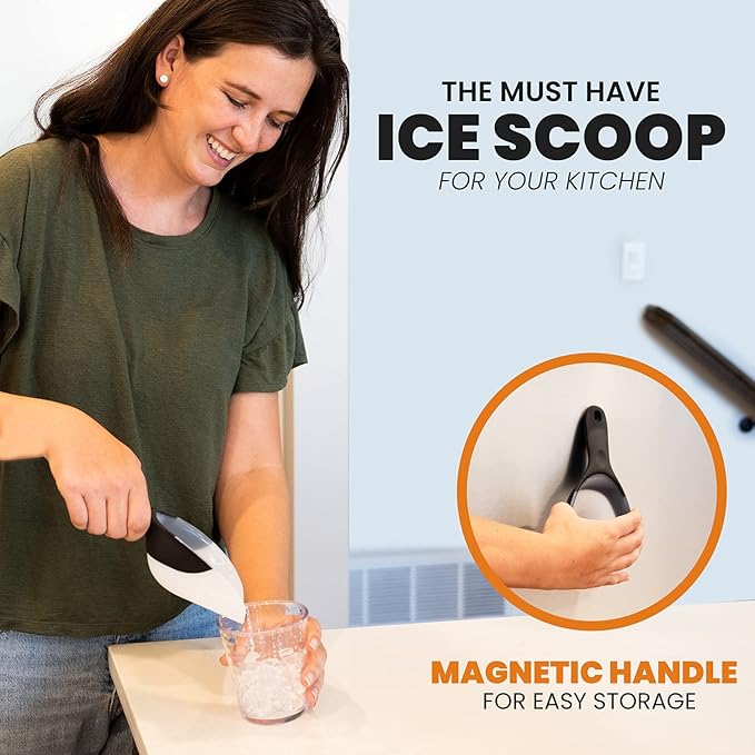 Spring Chef Magnetic Ice Scoop for Ice Machine - Durable BPA-Free Flexi-Plastic Kitchen Scoops with Soft Grip Handle - Popcorn Scooper - Dishwasher Safe Food Scooper - Set of 2 - Black
