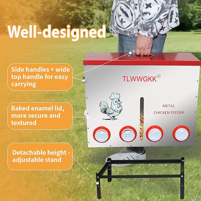 85 lbs Large Automatic Chicken Feeder - 10-Port No-Waste Dispenser with Visual Window & Height-Adjustable Legs - Rodent/Goat Proof, All-Weather Heavy-Duty Galvanized Metal Design for Outdoor Poultry