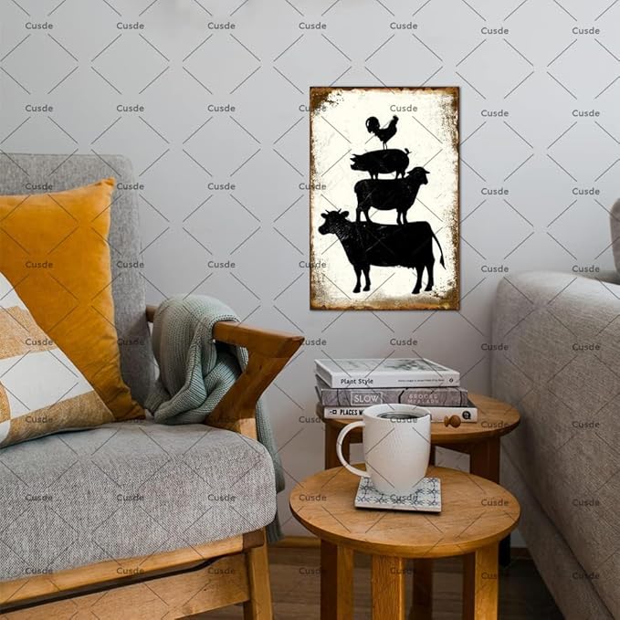 Vintage Rustic Farm Animals Metal Tin Sign Funny Stacked Cow Sheep Pig Chicken Poster Gifts For Animal Lovers Farmhouse Home Rustic 8x12 Inch