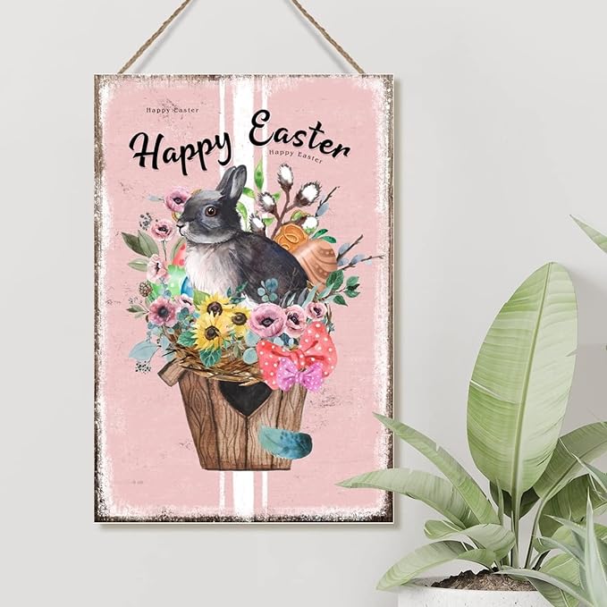 Wood Art Plaque Happy Easter Flower Basket Bunny Sign French Style Floral Pink Stripes Wood Wall Art Signs Bunny Rabbit Happy Easter Wood Sign for Bedroom 12x18in