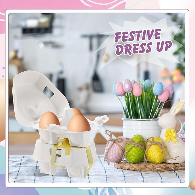 48 Pcs Easter Egg Cartons White Heart Shaped Egg Holder Natural Pulp Paper for Chicken Eggs with Macaron Color Label Ribbon for Easter Gift, Arts and Crafts Reusable Mini Egg Cartons